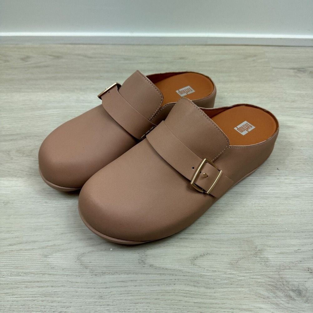 FitFlop Shuv Buckle Strap Leather Clogs Womens 10 Beige